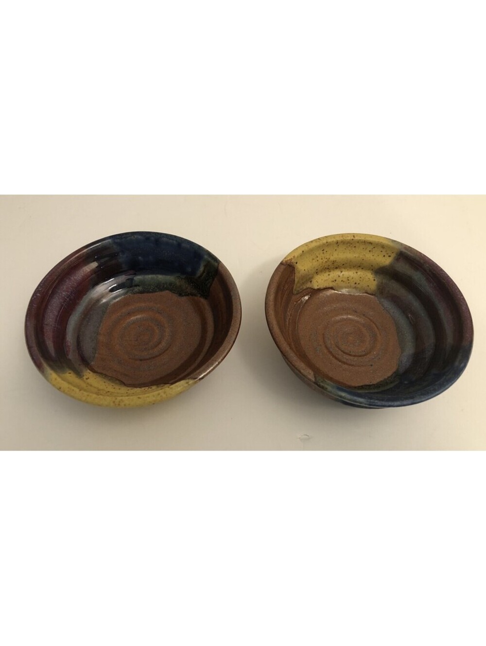 Hand Crafted Pottery Bowls Set of 2  Signed Blues Browns Gold Red 5 Inch